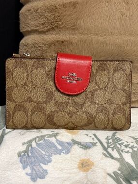 Coach Brown Signature Canvas Wallet with Red Leather Accent